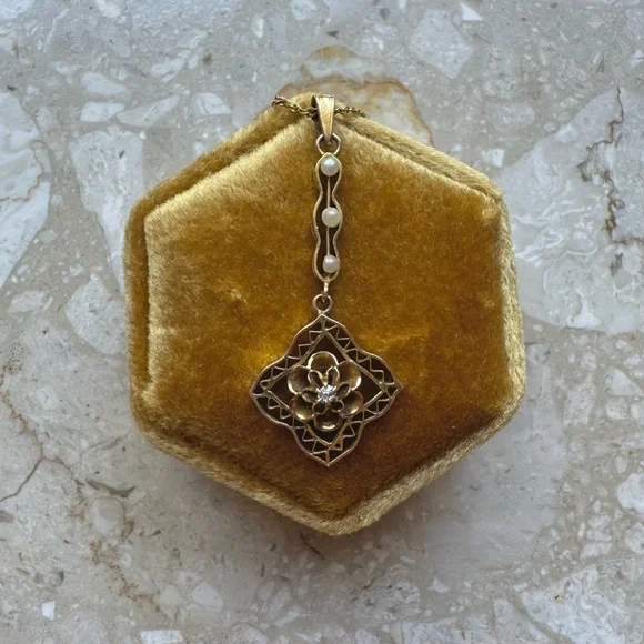 Antique Victorian Lavalier Diamond Pearl Pendant Necklace - Picture 2 of 7